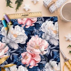 Ткань премиум таффета цветущие пионы на темном