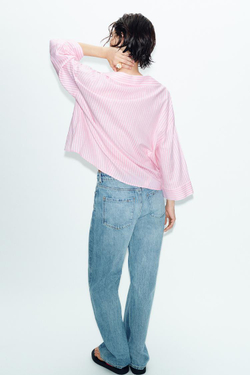 ZARA СВОБОДНАЯ РУБАШКА ИЗ ЛЬНА, РОЗОВЫЙ/БЕЛЫЙ