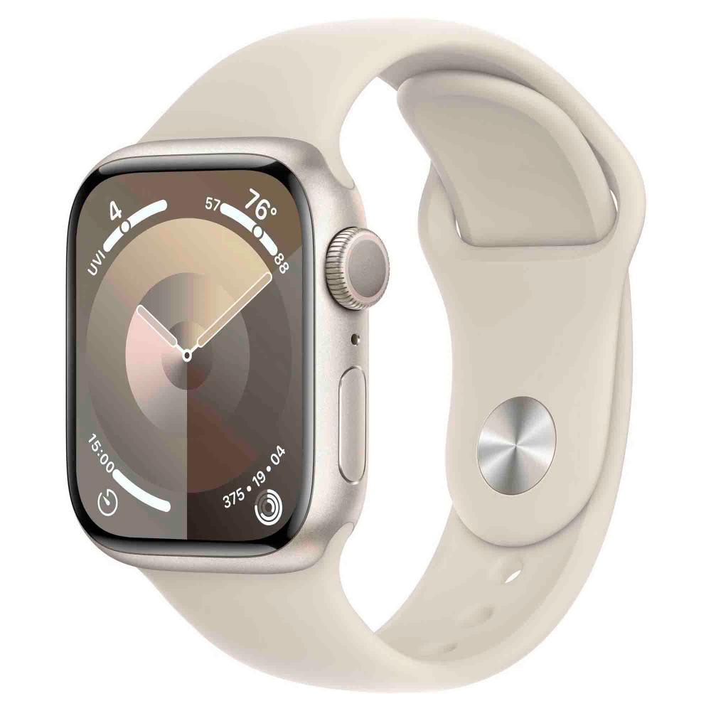 Часы Apple Watch Series 9, 45 мм, алюминий серебристого цвета, ремешок Sport Band бежевого цвета