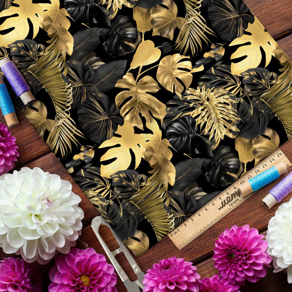 Ткань шифон золотистые листья монстеры