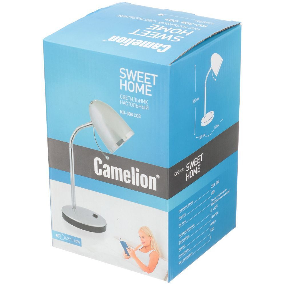 Светильник настольный на подставке, E27, 40 Вт, серебристый, Camelion, KD-308 C03, 11478