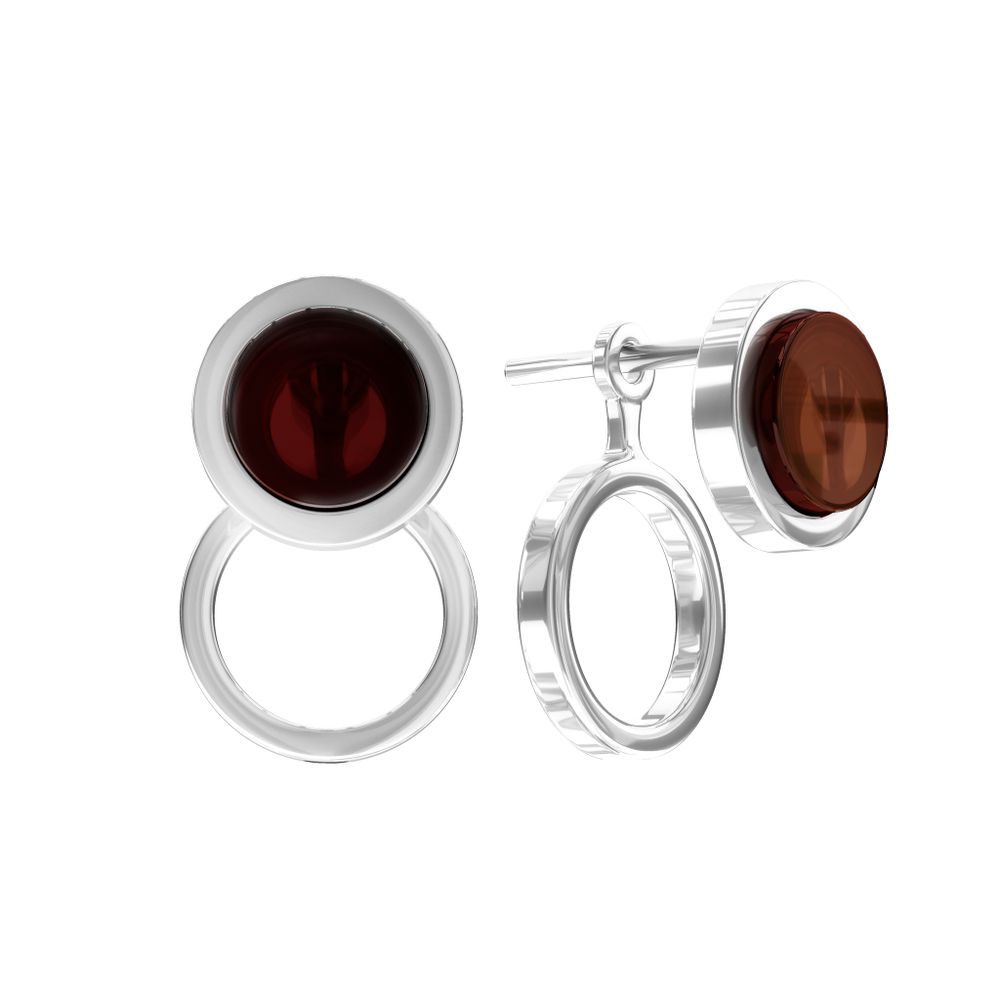 Серьги два круга с подвесами с вишневым янтарем