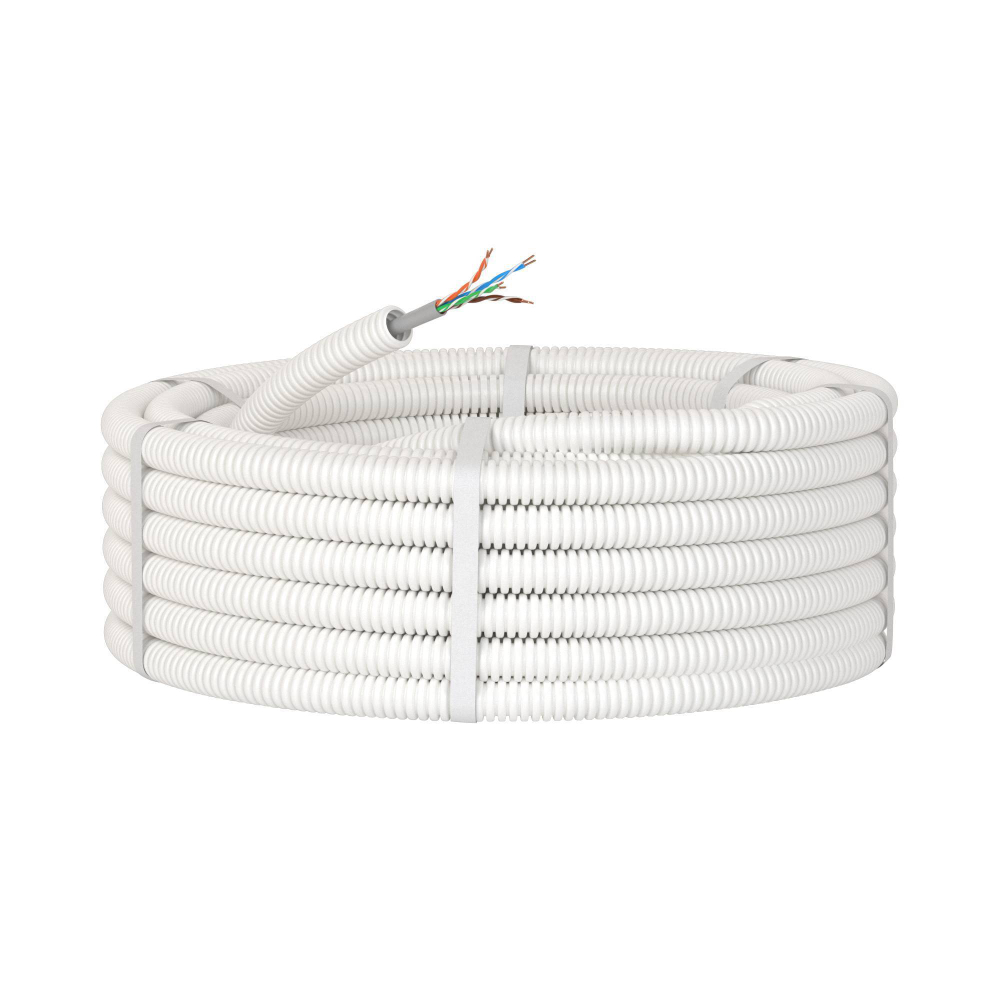 Элетротруба из ПЛЛ не содержит галогенов, гибкая гофрированна д. 16 мм,цвет белый, с кабелем витая пара 5EU/UTP нг(А)-HF, 100 м