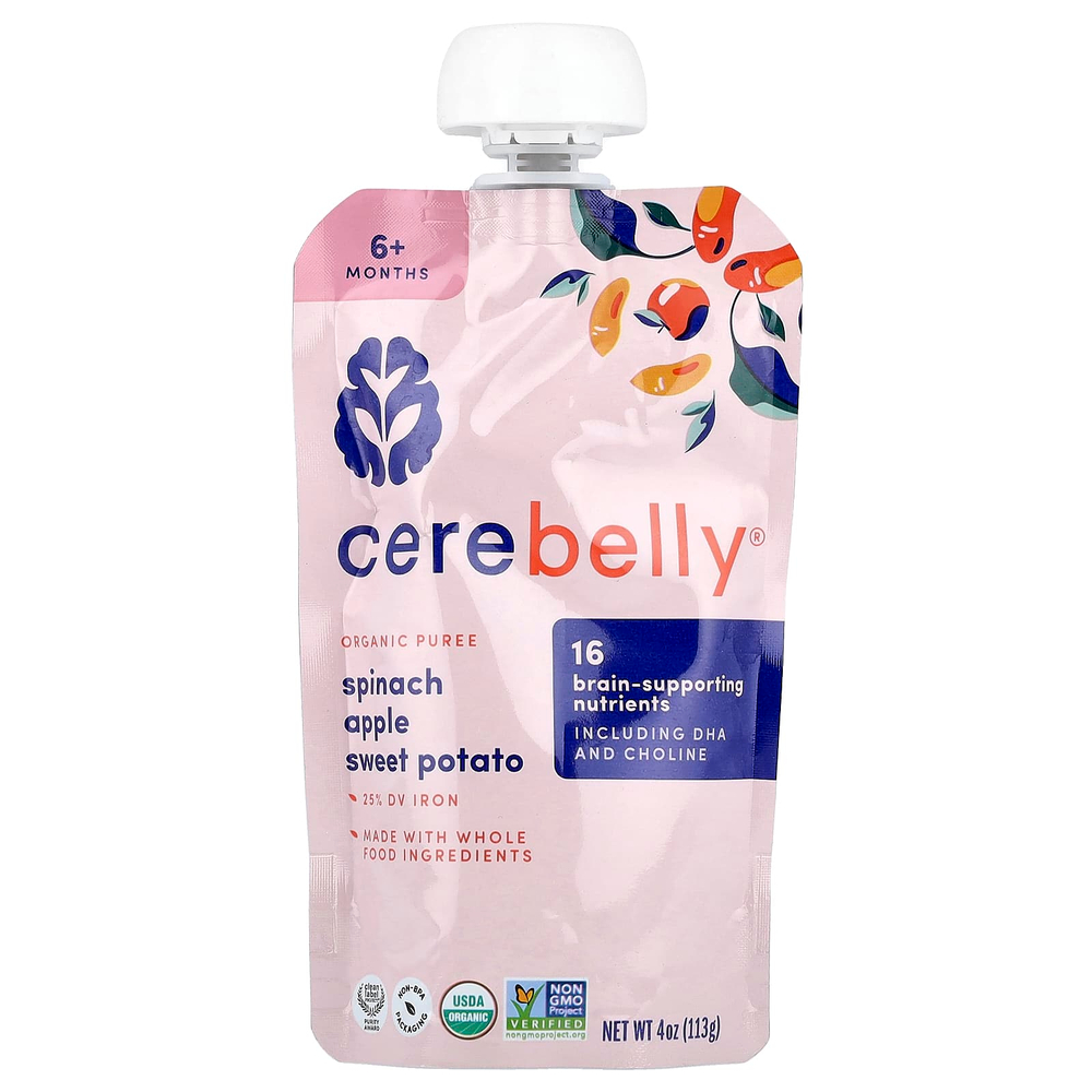 Cerebelly, органическое пюре, для детей от 6 месяцев, шпинат, яблоко, батат, 6 пакетиков по 113 г (4 унции)