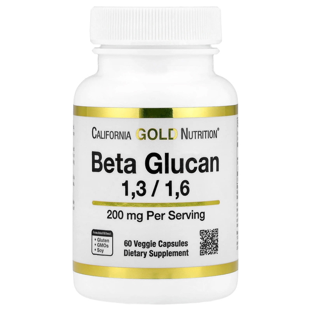 California Gold Nutrition, бета-глюкан 1–3, 1–6, 200 мг, 60 растительных капсул