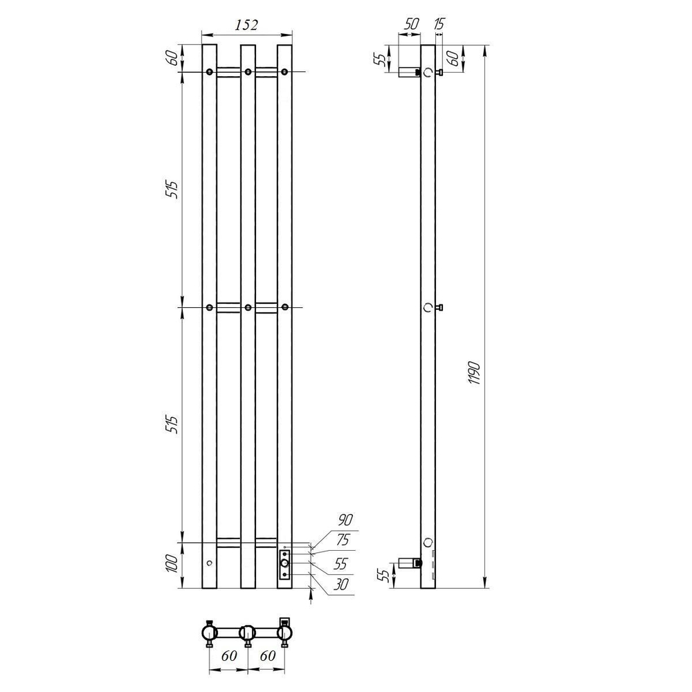 Полотенцесушитель электрический Point Деметра PN12822B П3 120x1200 диммер справа, черный