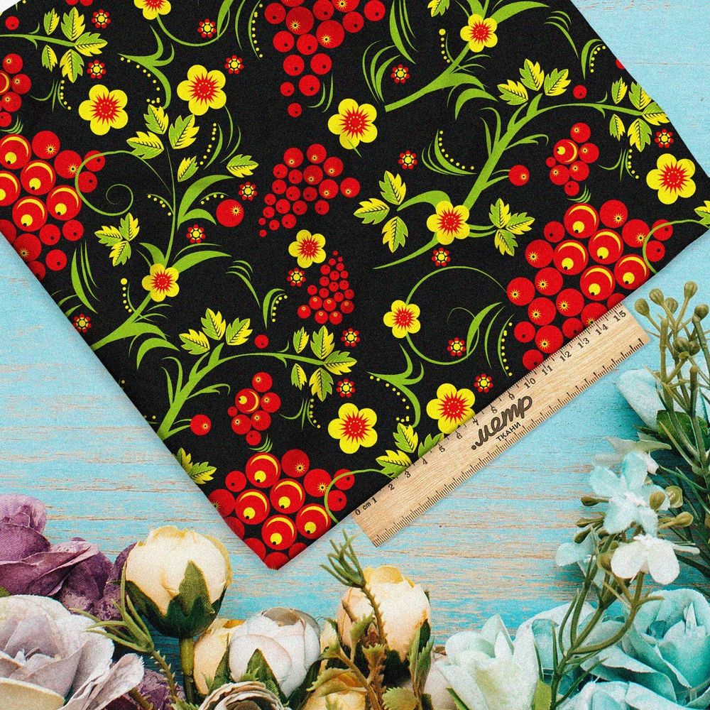 Ткань таффета русская роспись хохлома