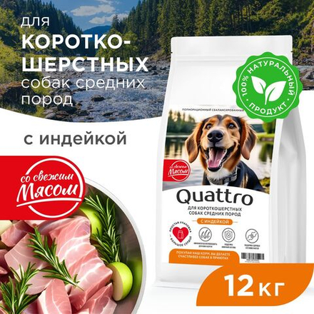 Корм сухой для взрослых собак средних пород, премиум полнорационный комплекс, для короткошерстных собак, с индейкой, 12 кг, QUATTRO