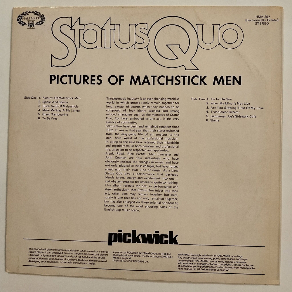 Винтажная виниловая пластинка LP Status Quo Pictures Of Matchstick Men (UK 1976)
