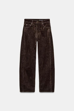 ZARA ДЖИНСЫ BALLOON-FIT С ВЫСОКОЙ ПОСАДКОЙ И ФЛОКИРОВАНИЕМ — ZW COLLECTION, КОРИЧНЕВЫЙ