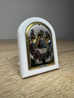 Св. Троица, икона арочная, белое дерево, эмаль 57х75