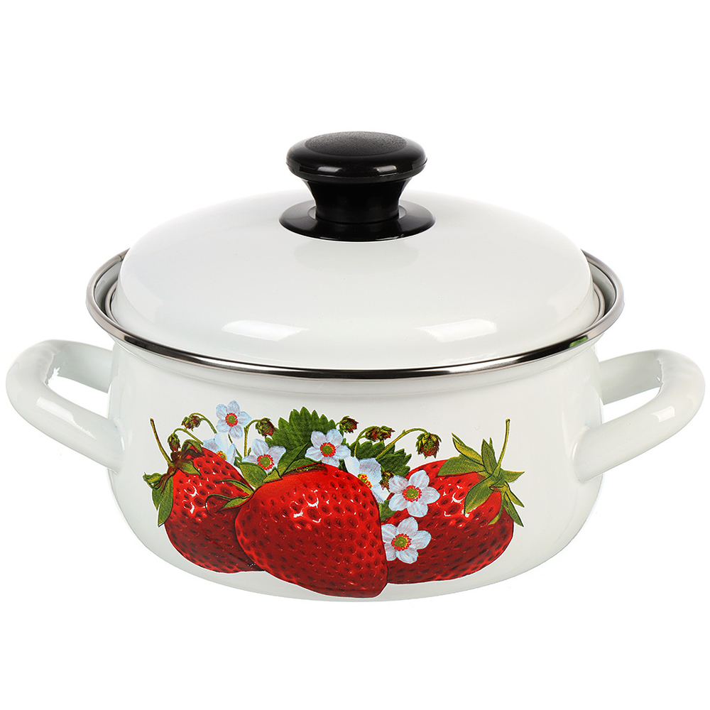Кастрюля эмал сталь, 1.5 л, с крыш, крышка сталь, сферич, Керчь, Клубника садовая, 61904-082/6, бел