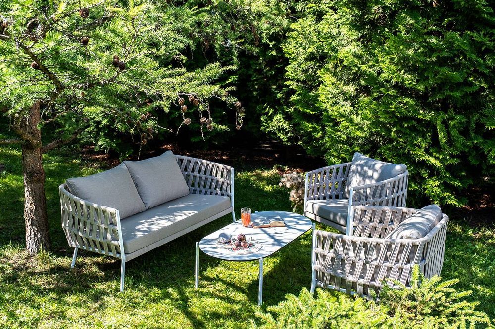 "Диего" лаунж-зона 4-местная плетеная из роупа (веревки), каркас алюминиевый белый, роуп бежевый