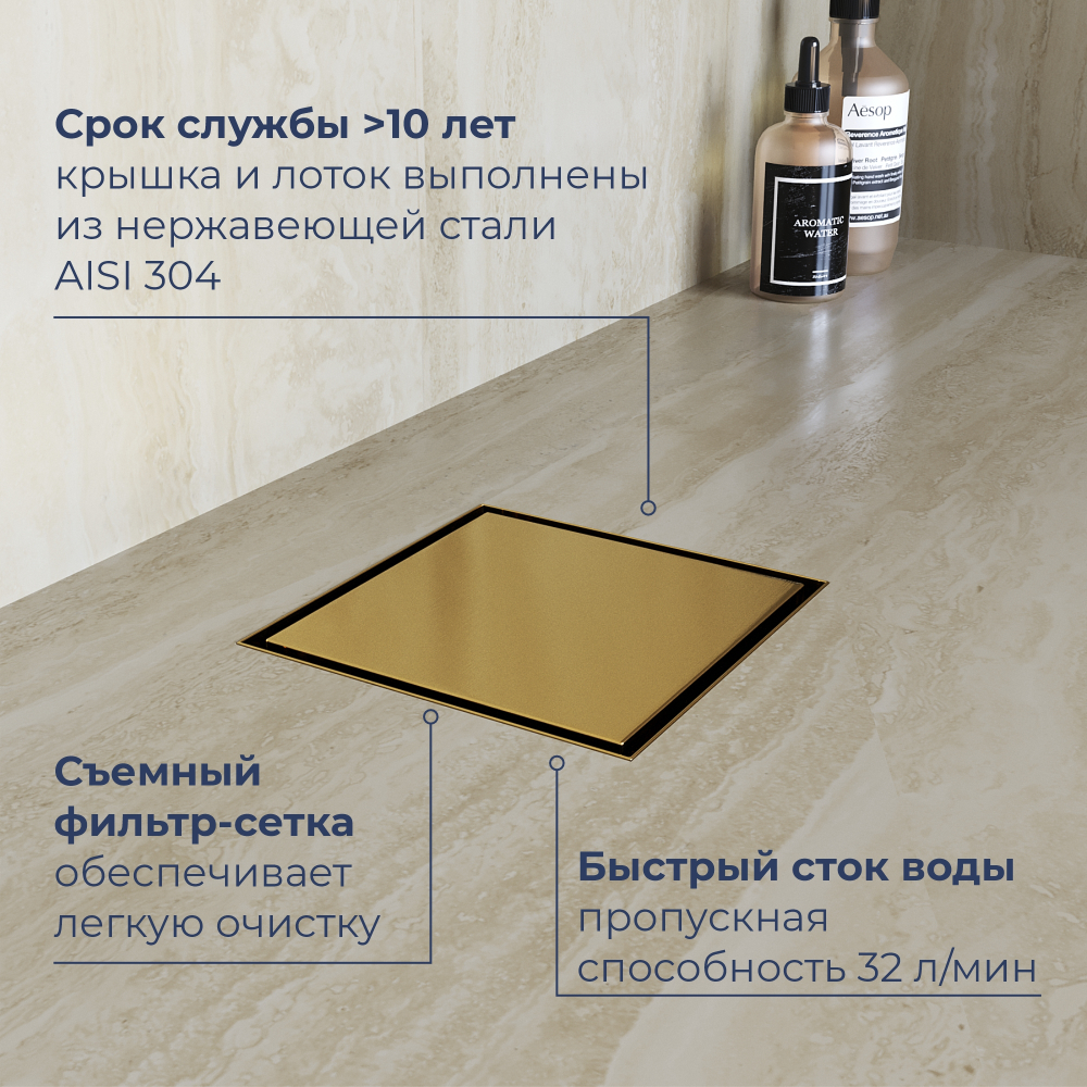 Душевой трап RGW SDR-10 квадратный, золото BRUSH, металлическая крышка, горизонтальный слив