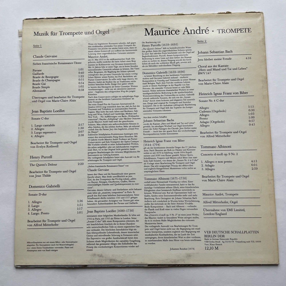 Винтажная виниловая пластинка LP Maurice Andre Musik Fur Trompete Und Orgel (ГДР 1977)