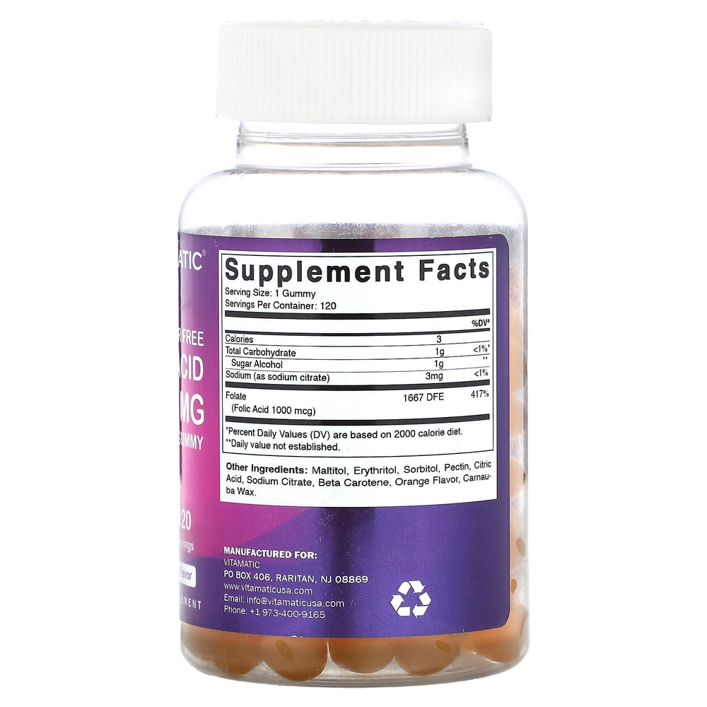 Vitamatic, Фолиевая кислота без сахара, натуральный апельсин, 1 мг, 120 жевательных таблеток