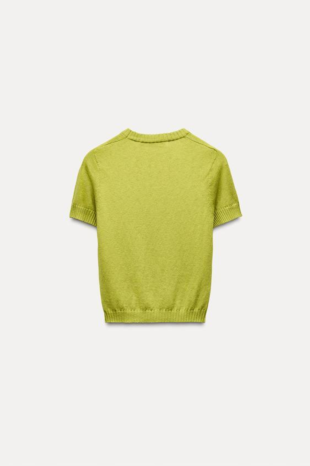 ZARA БАЗОВЫЙ ОДНОТОННЫЙ ТРИКОТАЖНЫЙ ТОП С КОРОТКИМИ РУКАВАМИ, ЛАЙМОВЫЙ