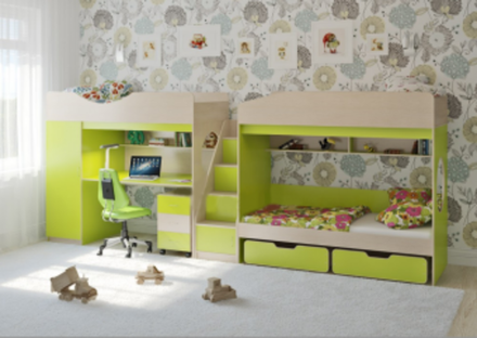 Трехъярусная кровать КарИВи Легенда 10.6  Дуб Молочный Лайм