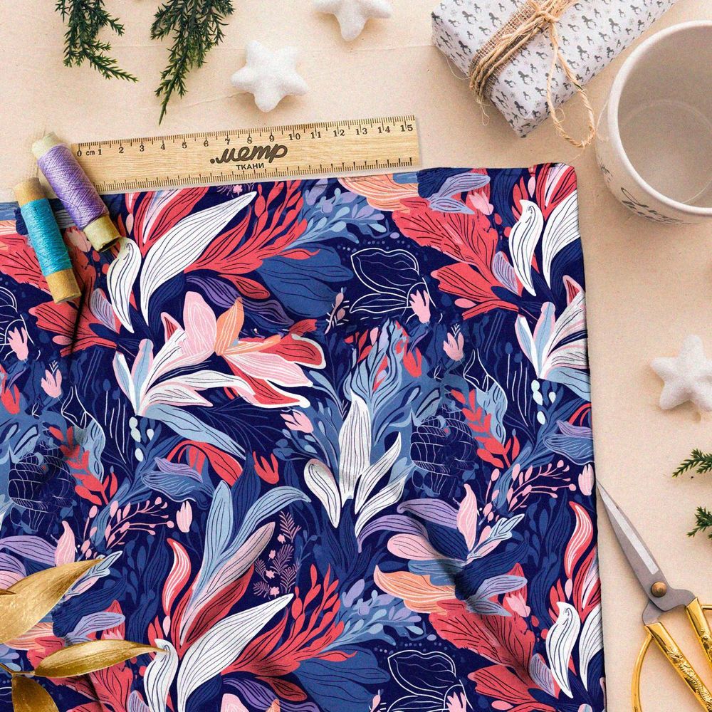 Ткань премиум интерлок фантазийная листва