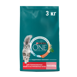 Сухой корм Purina ONE для стерилизованных кошек и кастрированных котов c лососем 3 кг
