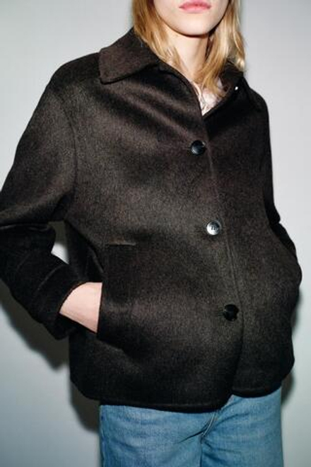 ZARA КОРОТКОЕ ПАЛЬТО ИЗ ШЕРСТИ, ТЕМНО-КОРИЧНЕВЫЙ