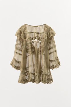 ZARA ТОП ИЗ ПОЛУПРОЗРАЧНОЙ ТКАНИ С ВЫШИВКОЙ И ВОЛАНАМИ, КАМЕННО-СЕРЫЙ