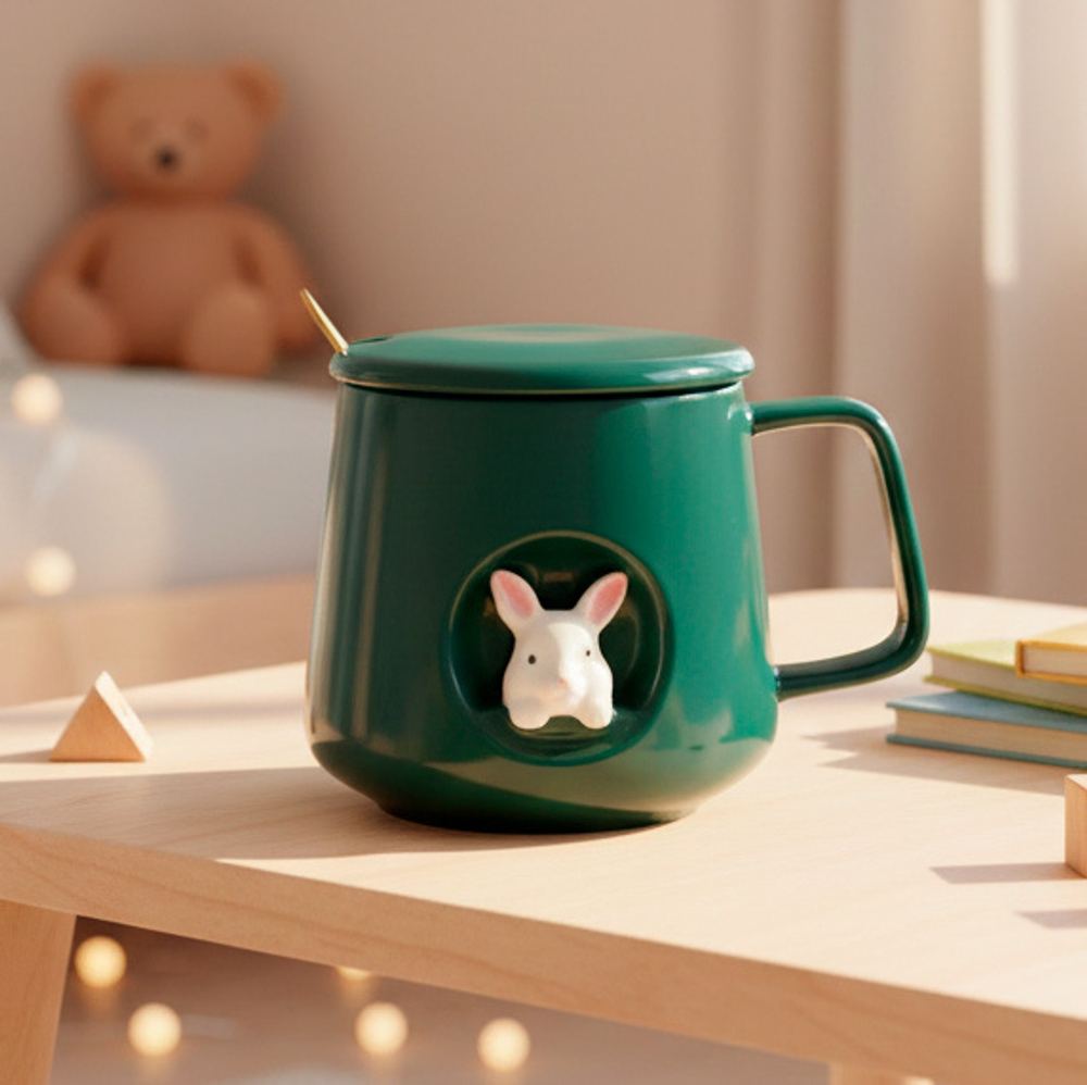 Керамическая кружка с крышкой и ложкой, 10*7,8 см, розовый/зеленый 380 мл