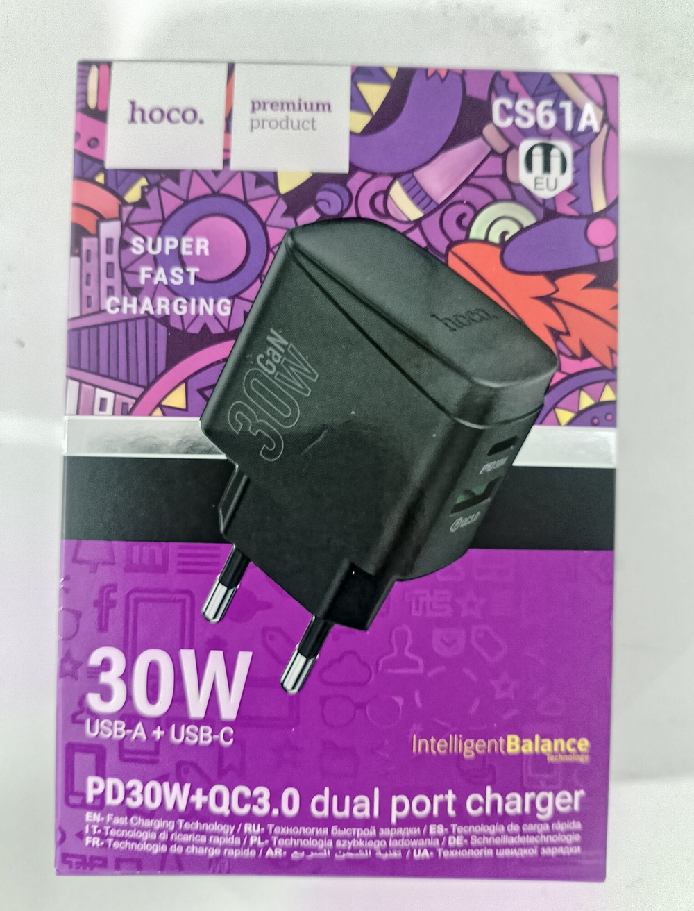 Сетевое зарядное устройство 1 USB, 1 Type-C HOCO CS61A Bright, 3.0A, PD30Вт, цвет: чёрный