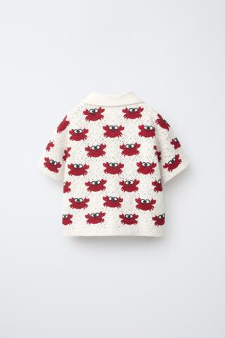 ZARA РУБАШКА С КРАБАМИ ИЗ КРУЖЕВА КРОШЕ, БЕЛЫЙ/КРАСНЫЙ