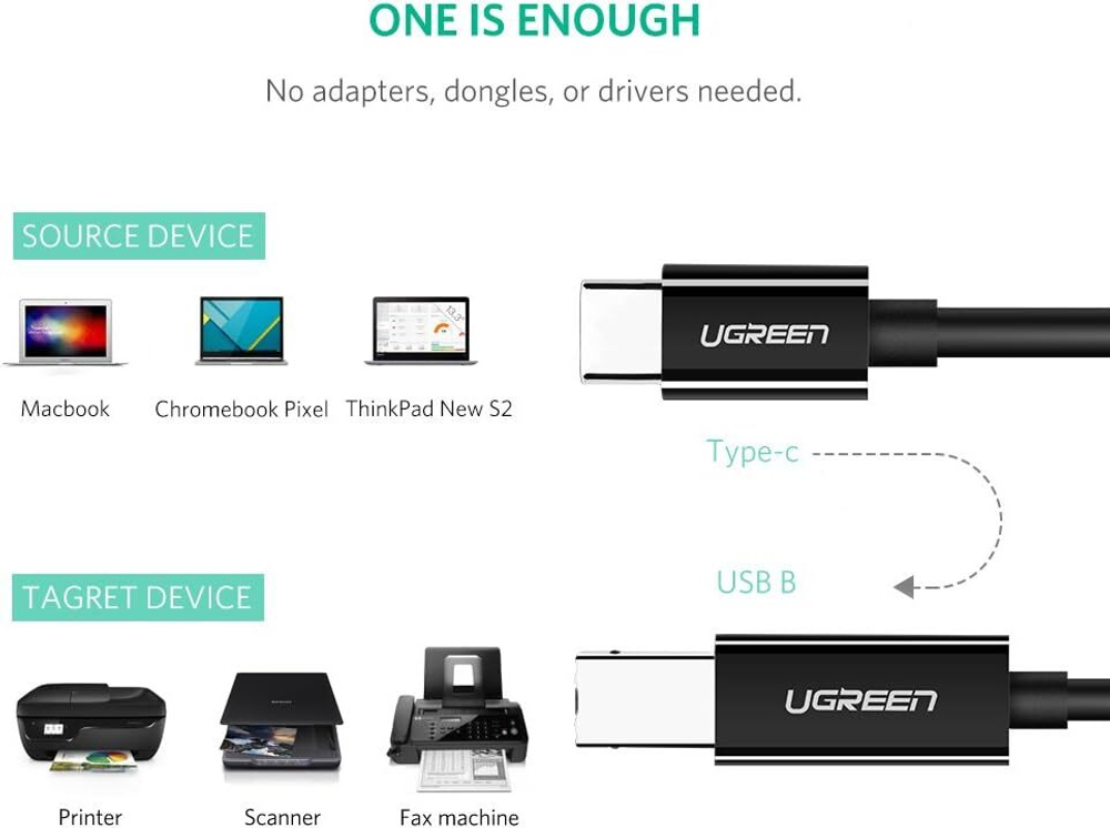 Кабель USB C- USB 2.0 B, для принтера, 2m. UGREEN 50446