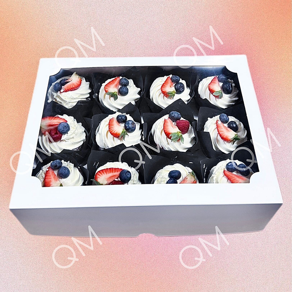 Коробка под капкейки с окошком 350*250*100 мм (12) (белая) целлюлозный картон с односторонним мелованным покрытием, эконом, 10шт