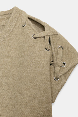 ZARA ДЖЕМПЕР С ОТДЕЛКОЙ НА ПЛЕЧАХ, ЭКРЮ/ХАКИ