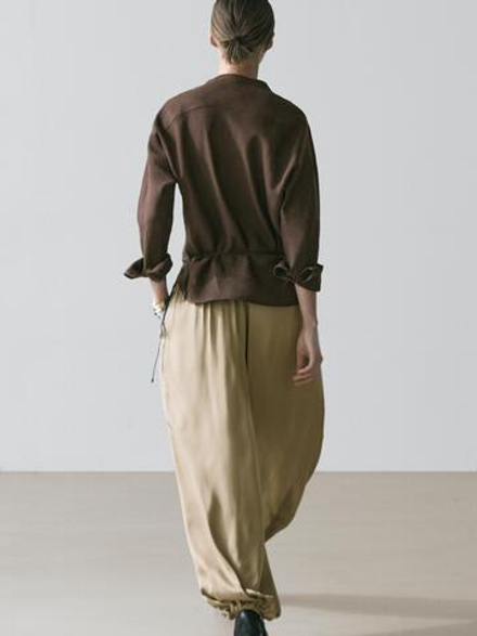 Massimo Dutti Рубашка с воротником-стойкой из 100% льна, коричневый