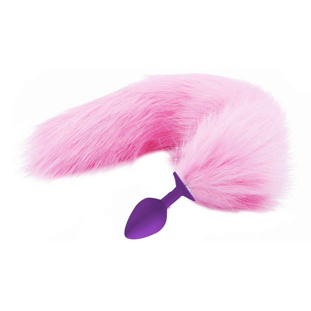 Фиолетовая анальная пробка с пушистым розовым хвостиком (Цвет: розовый)