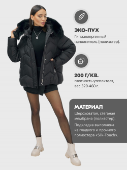 Куртка зимняя женская с мехом и капюшоном тренд черного цвета 7759Ch
