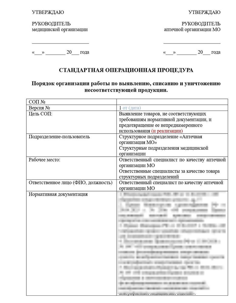 СОП «Порядок организации работы по выявлению, списанию и уничтожению несоответствующей продукции» для больничных аптек