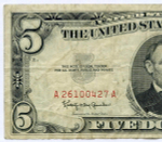 Банкнота США 5 долларов 1963 A 26100427 A. F-VF (красная печать)
