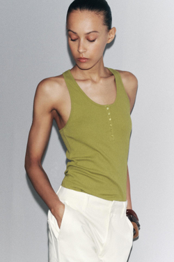 ZARA ХЛОПКОВЫЙ ТОП С ПУГОВИЦАМИ, ОЛИВКОВЫЙ