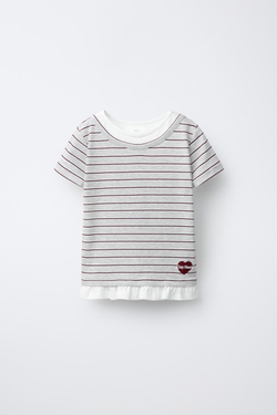 ZARA ФУТБОЛКА В ПОЛОСКУ С ДВОЙНЫМ ВОРОТНИКОМ, СЕРЫЙ МЕЛАНЖ