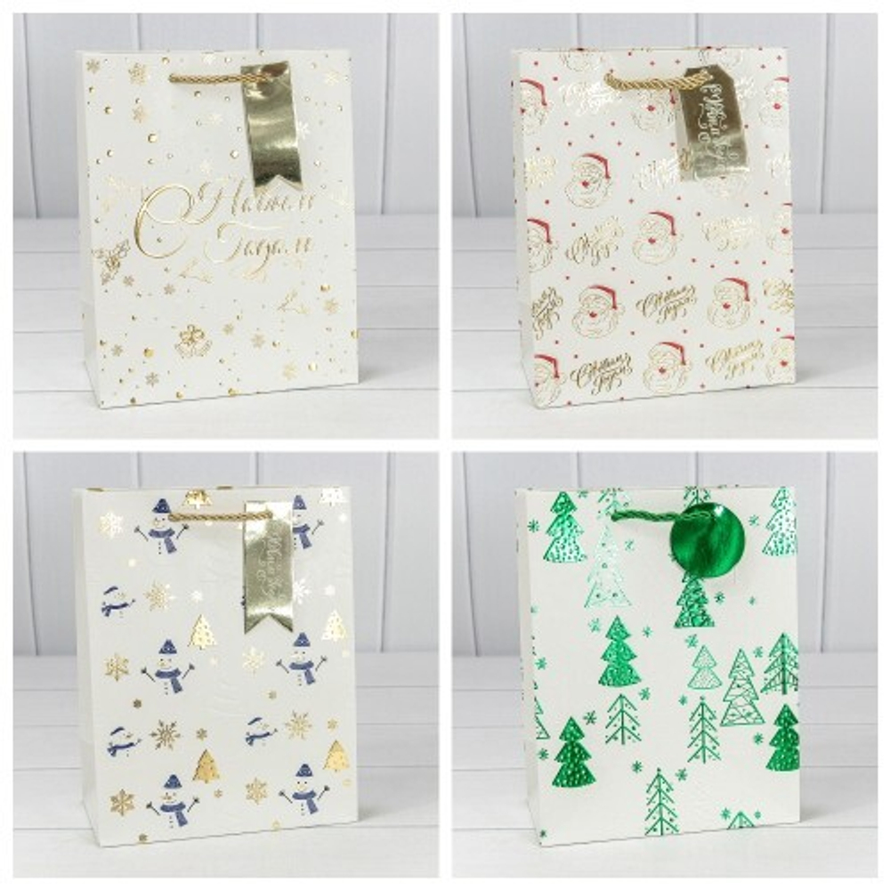 Пакет подарочный 18 х 23 х 10 см Набор 4 шт "Новый год" с тиснением (Белый)