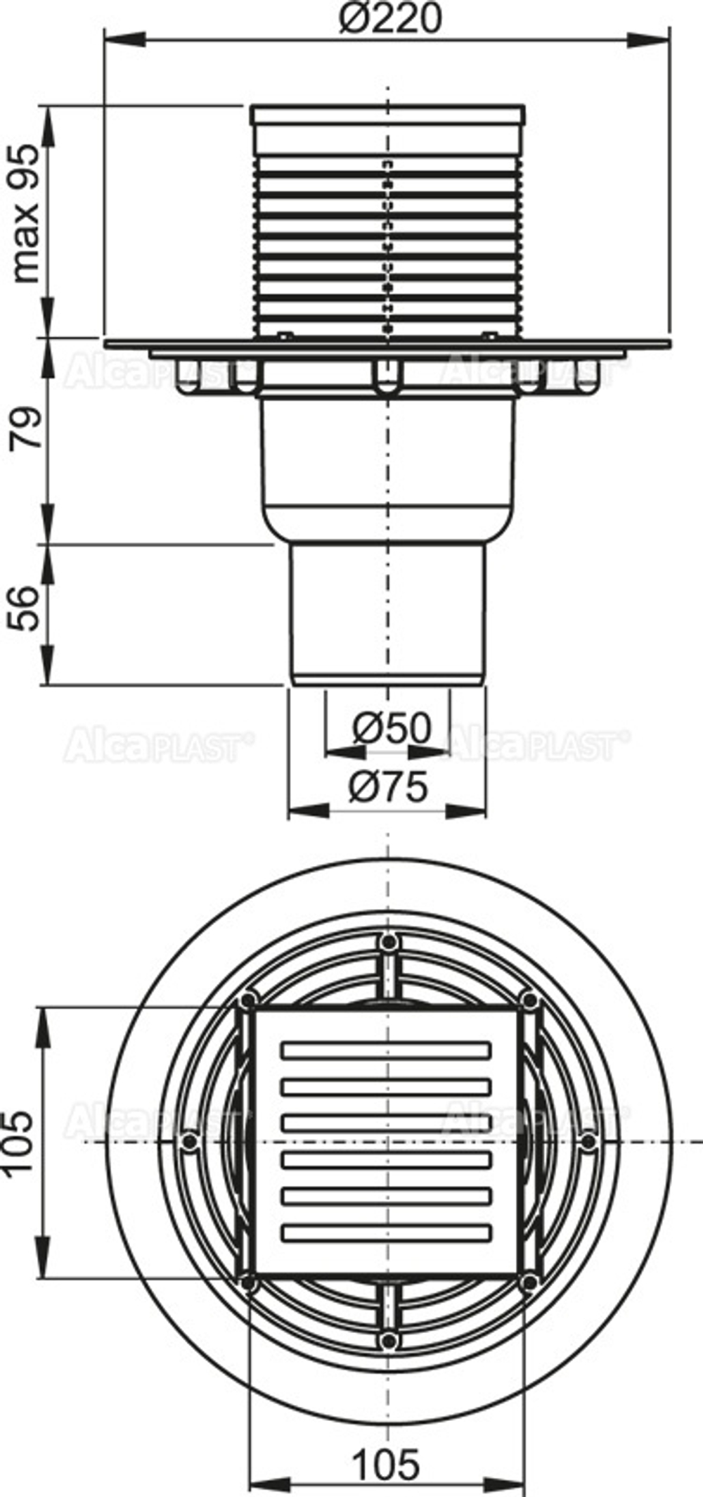 Сливной трап APV203 105 × 105/50/75, подводка – прямая, решетка из нерж стали, гидрозатвор – мокрый