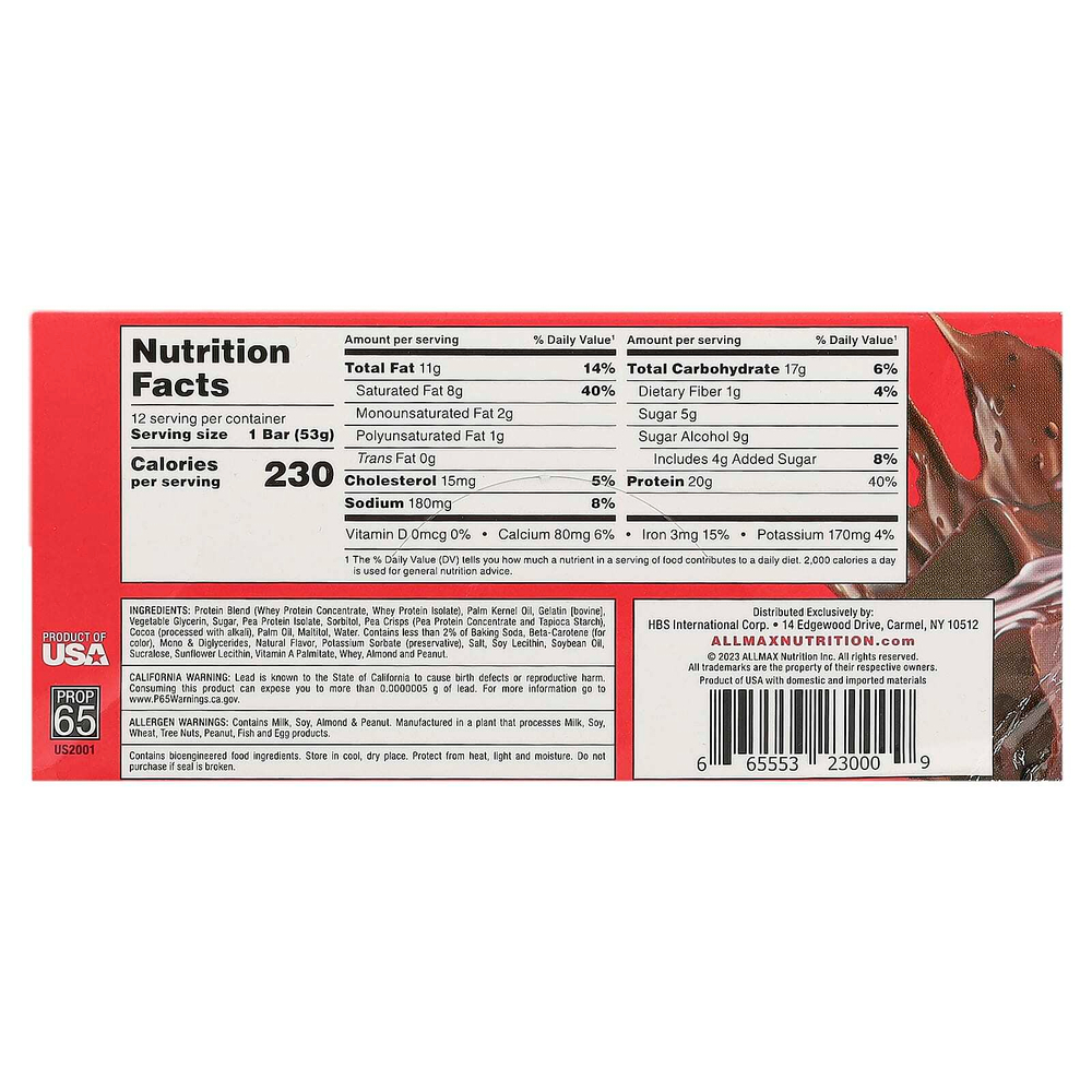 ALLMAX, Hexapro™, протеиновый батончик, брауни с шоколадной помадкой, 12 батончиков по 53 г (1,9 унции)