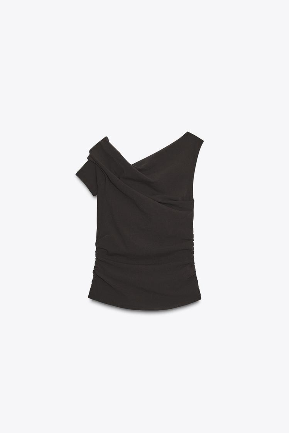 ZARA АСИММЕТРИЧНЫЙ ТОП СО СБОРКАМИ, ТЕМНО-КОРИЧНЕВЫЙ