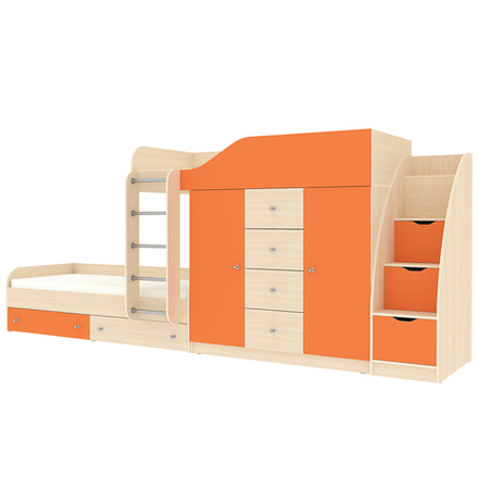 Кровать двухъярусная КарИВи Астра 6 с лестницей Комод КарИВиом  Дуб Молочный Оранжевый