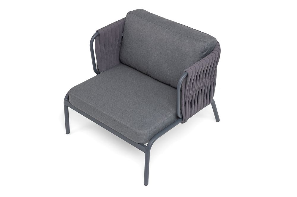 "Ронда" кресло плетеное из роупа, каркас алюминий темно-серый (RAL7024) муар, роуп серый 40 мм tex, ткань темно-серая 027