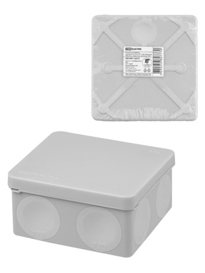 Распаячная коробка, двухкомпонентная, ОП 100х100х50 мм, IP66, 8 вх., серая, инд. штрихкод TDM