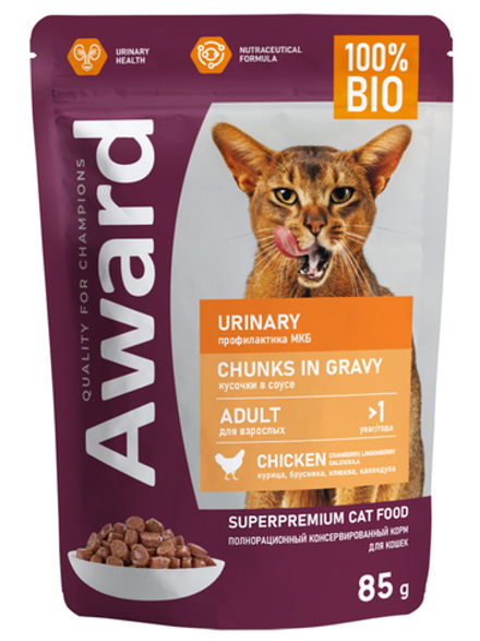Влажный корм AWARD Urinary для профилактики мочекаменной болезни у взрослых кошек, кусочки в соусе с курицей 85г