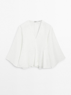 Massimo Dutti Блузка из 100% льна с деталями годе - STUDIO, белый