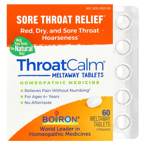 Boiron, ThroatCalm®, средство от боли в горле, для детей от 4 лет, без ароматизаторов, 60 таблеток для рассасывания