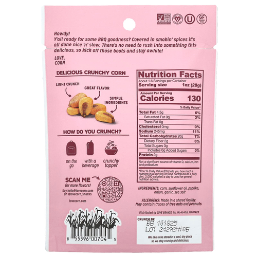 Love Corn, хрустящая кукуруза, копченый барбекю, 45 г (1,6 унции)
